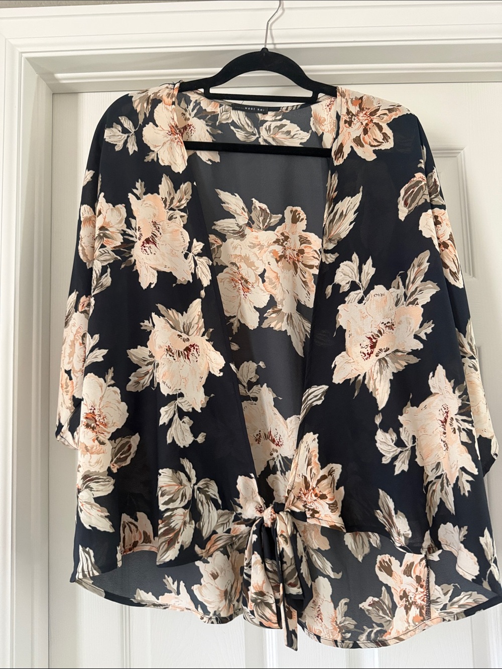 West Kei Navy Floral Tie-Front Kimono Jacket